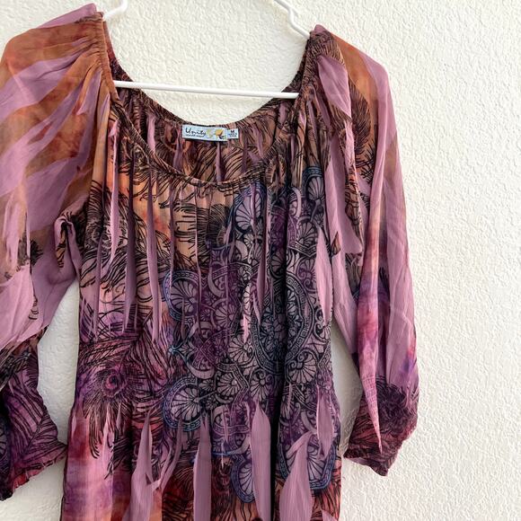 UNITY WORLD WEAR Women's M Babydoll Pink Mix Media Print Tunic Blouse Y2k Sheer - Picture 2 of 5